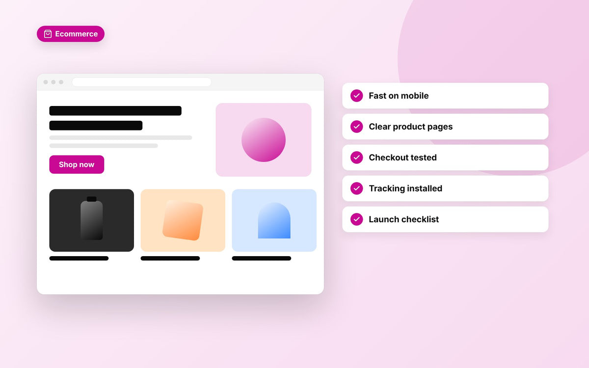 Shopify store mockup beside a launch checklist