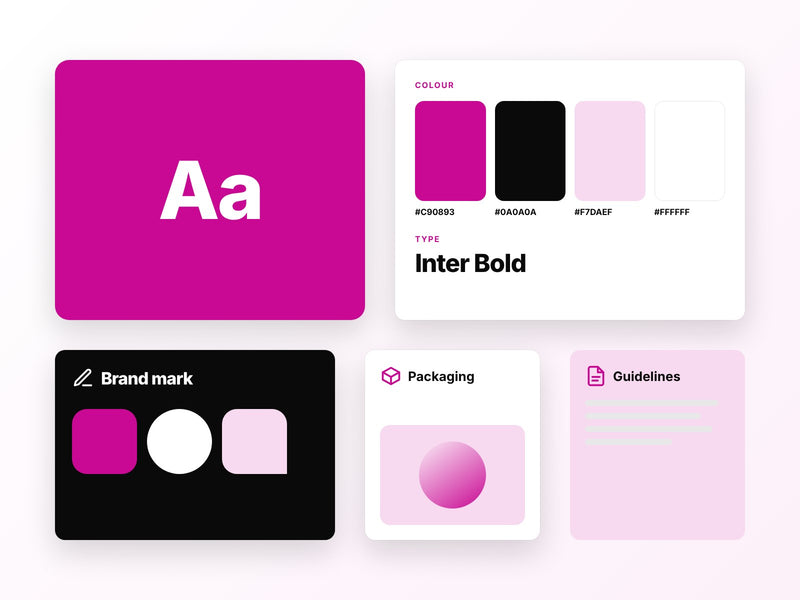 Brand identity board with logo mark, colour palette and typography