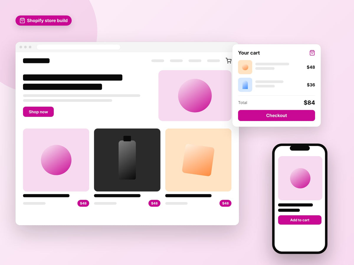 Shopify store build mockup with storefront, cart and mobile product page