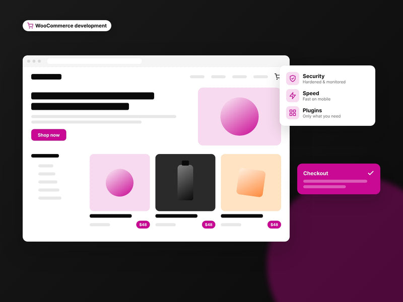 WooCommerce shop mockup with security, speed and plugin highlights