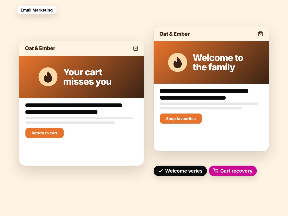 Oat & Ember welcome and cart flows